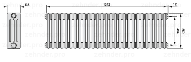 Схема (чертеж) Радиатор Zehnder Charleston 4055/27 №7610 Белый глянцевый RAL 9016